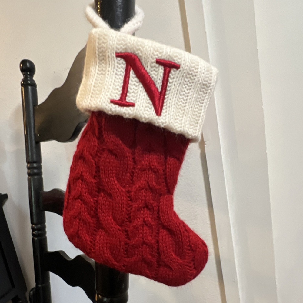 Red White Cable Knit Christmas Stocking with 'N' Monogram, Knit Fabric, 15in